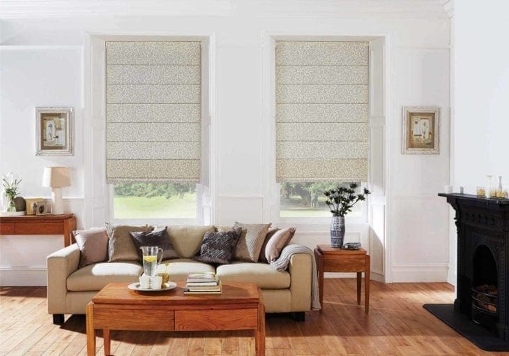 Natural roman blinds in lounge in Morley