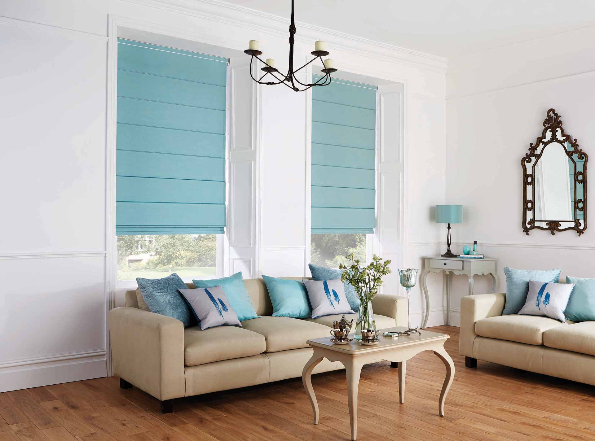 Blue blinds in modern living room
