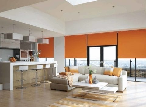 Orange belize blinds in modern living room