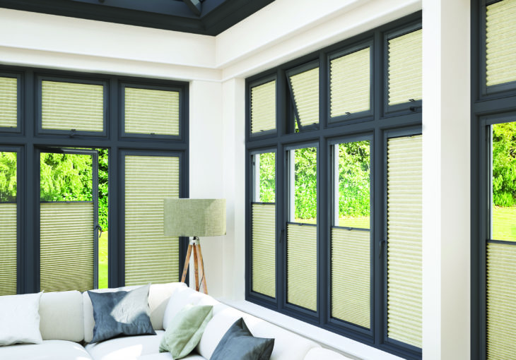 Strata Poplin Anthracite perfect fit blinds in an extension