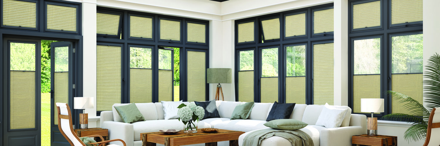 Strata Poplin Anthracit perfect fit blinds in a conservatory