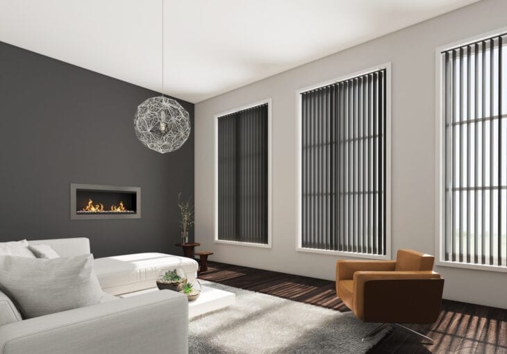 Aluminium Shimmer Graphite vertical blinds in a living room
