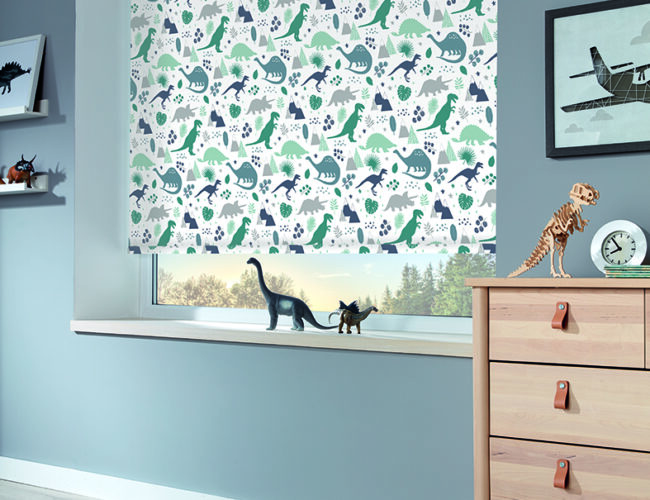Jurassic Marine roller blinds in a bedroom