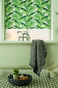 Palm Leaf roller blinds in a bathroom