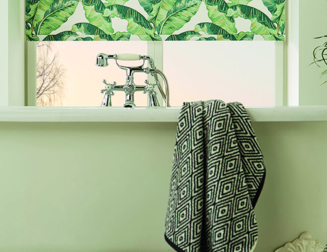 Palm Leaf roller blinds in a bathroom
