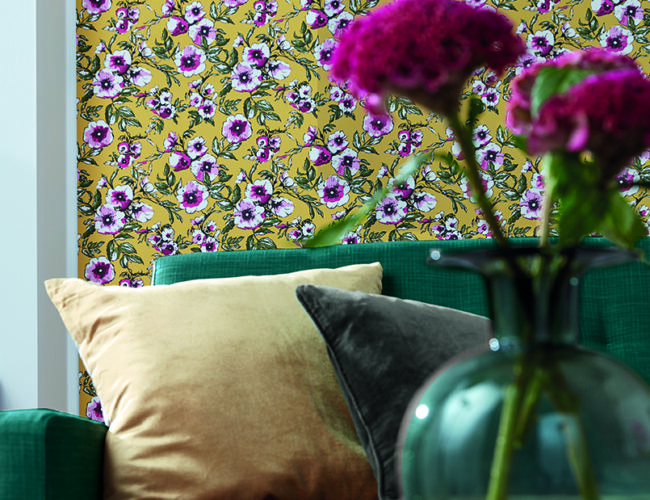 Wildflower Canary roller blinds in a living room