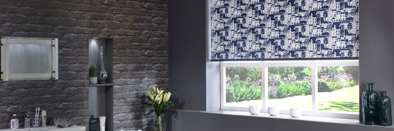 Whitby Blackout Modern Navy roller blinds in a bathroom
