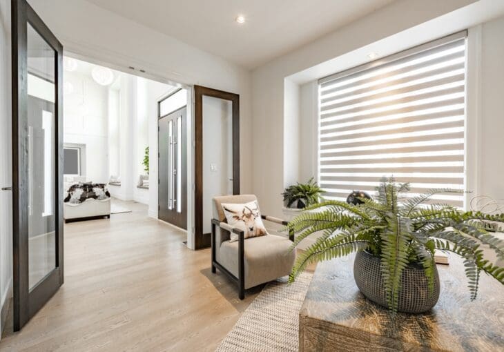 living room view with modern beige blinds