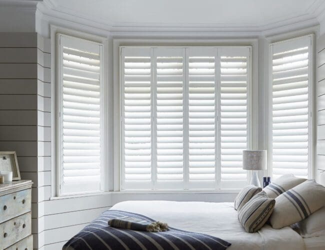 Bay window shutter, Seattle, pure white, bedroom