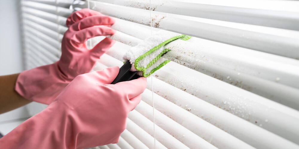 person cleaning shutters