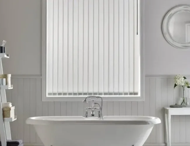 Vertical bathroom blinds for privacy and moisture resistance