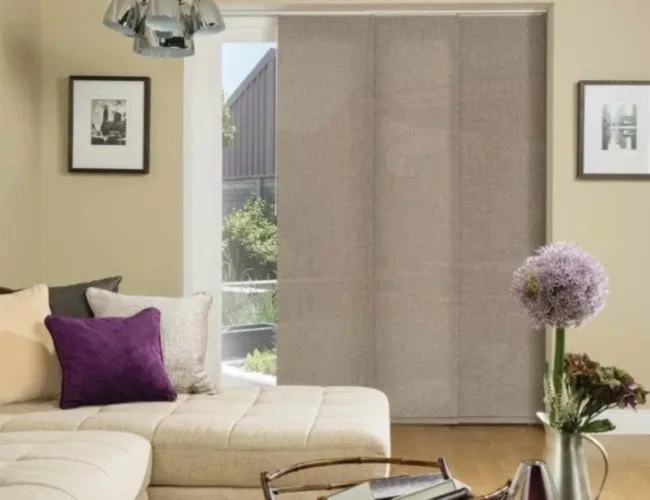Panel blinds for living room sliding door in neutral tones