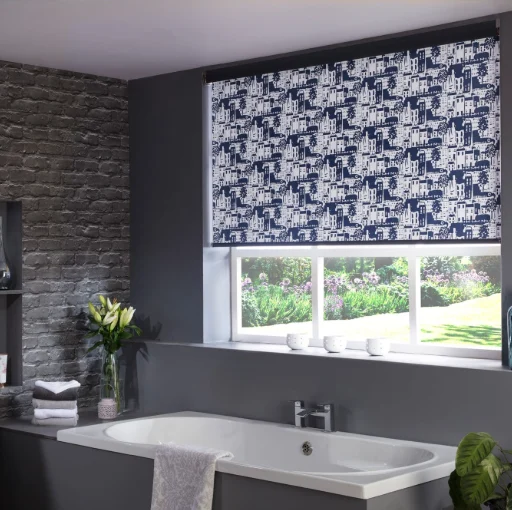 Patterned bathroom roller blind for privacy and light control