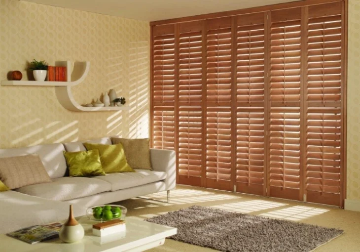 wooden plantation shutters in a modern Morley living room with natural light and stylish decor