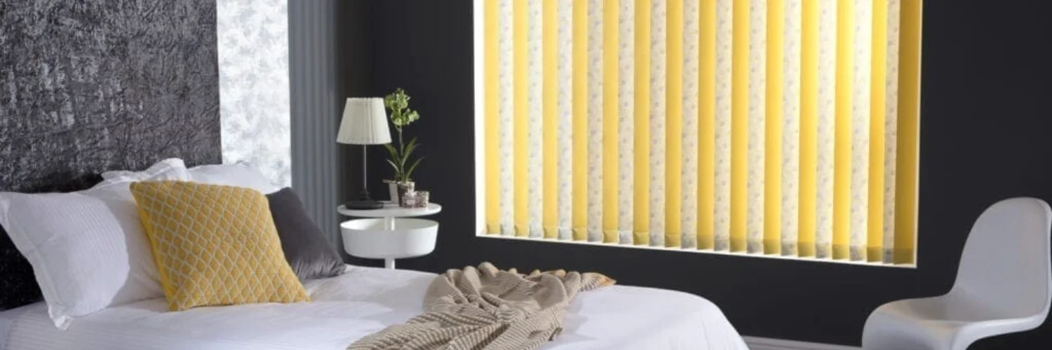 yellow vertical blinds in modern bedroom with dark walls