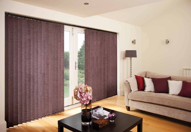 Purple vertical blinds UK for patio doors in a modern living room