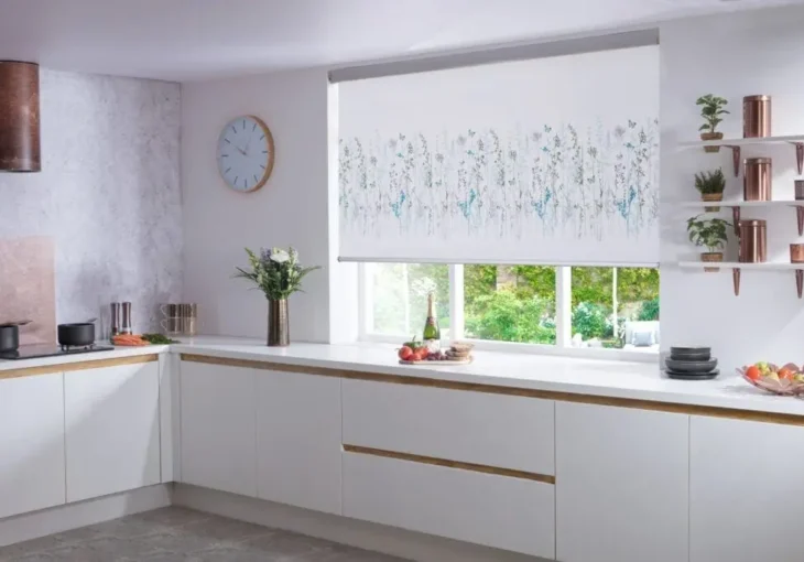 Patterned roller blind in a bright modern kitchen in a Moortown home