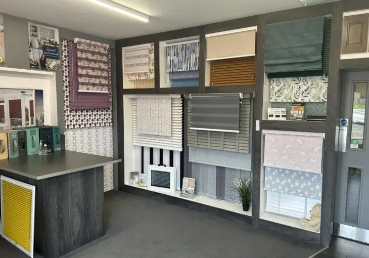 interior view of Solaire Blinds showroom near Ossett displaying various made-to-measure blinds and fabric samples