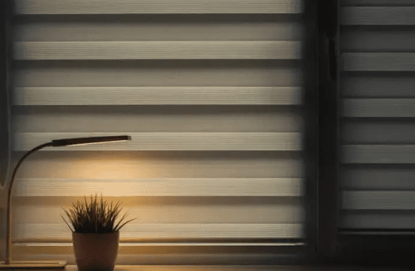 Day and Night blinds filtering warm light in a living room window