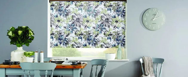 Patterned roller blind in Alwoodley dining area providing privacy and style