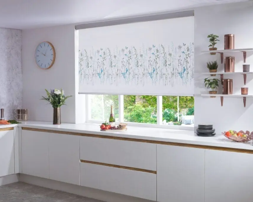 Roman blinds in kitchen providing soft light control and a clean finish