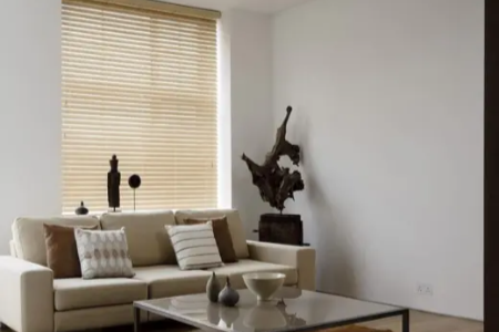 Wooden blinds in modern living room with natural light
